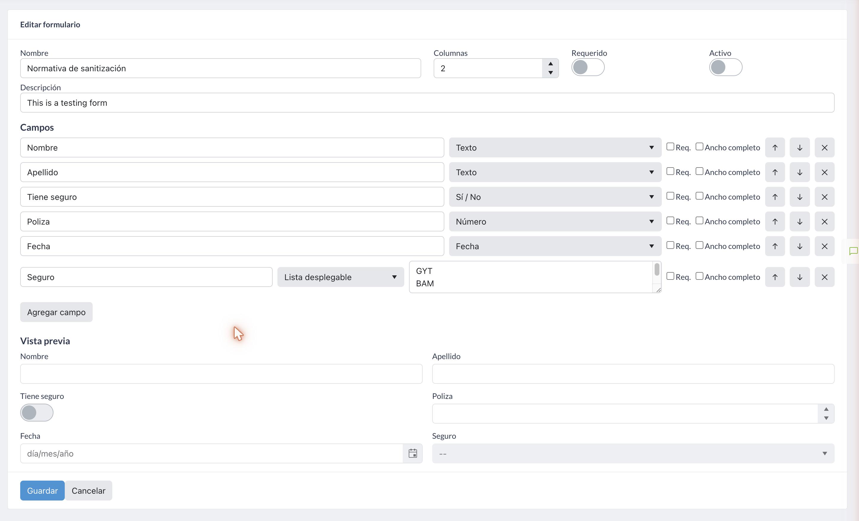 Editor de formulario con sus campos y vista previa