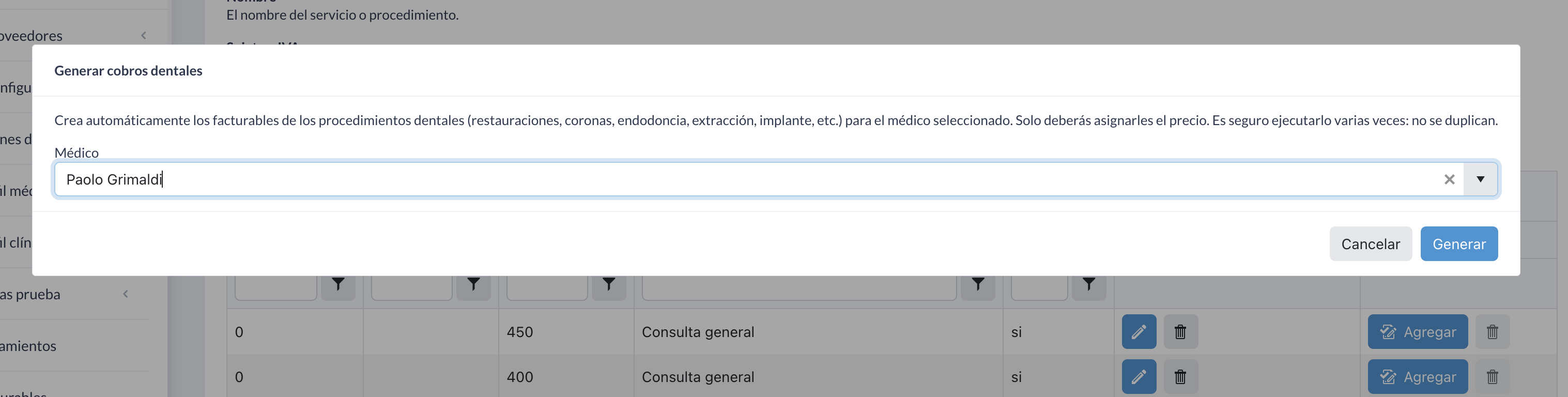 Ventana «Generar cobros dentales»
