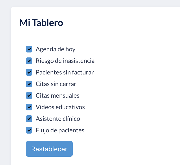 Panel «Configurar» con la lista de widgets y «Restablecer»