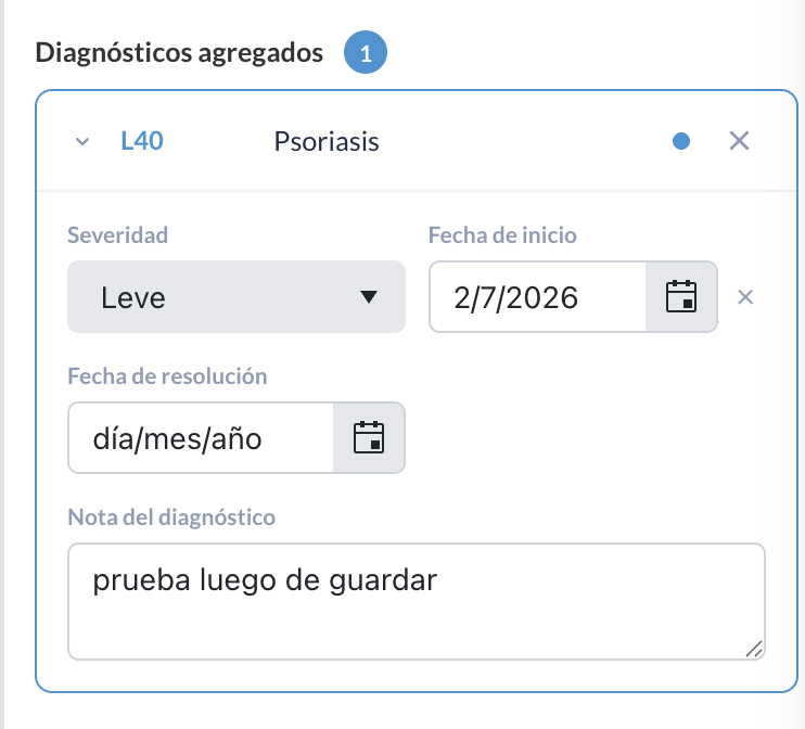 Editor de detalle clínico de un diagnóstico: severidad, fecha de inicio, fecha de resolución y nota
