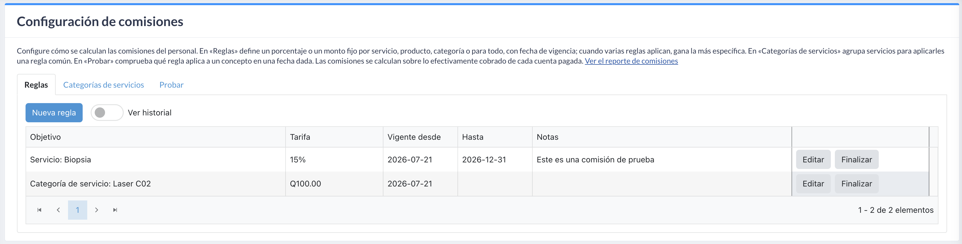Configuración de comisiones — pestaña «Reglas»