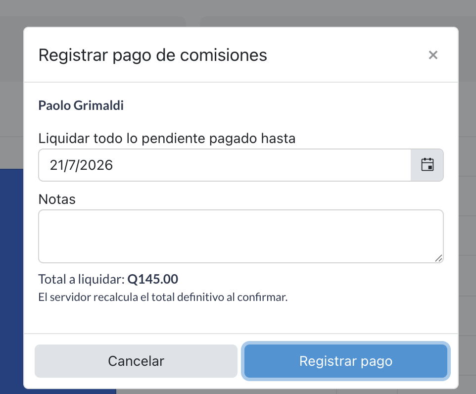Ventana «Registrar pago de comisiones»