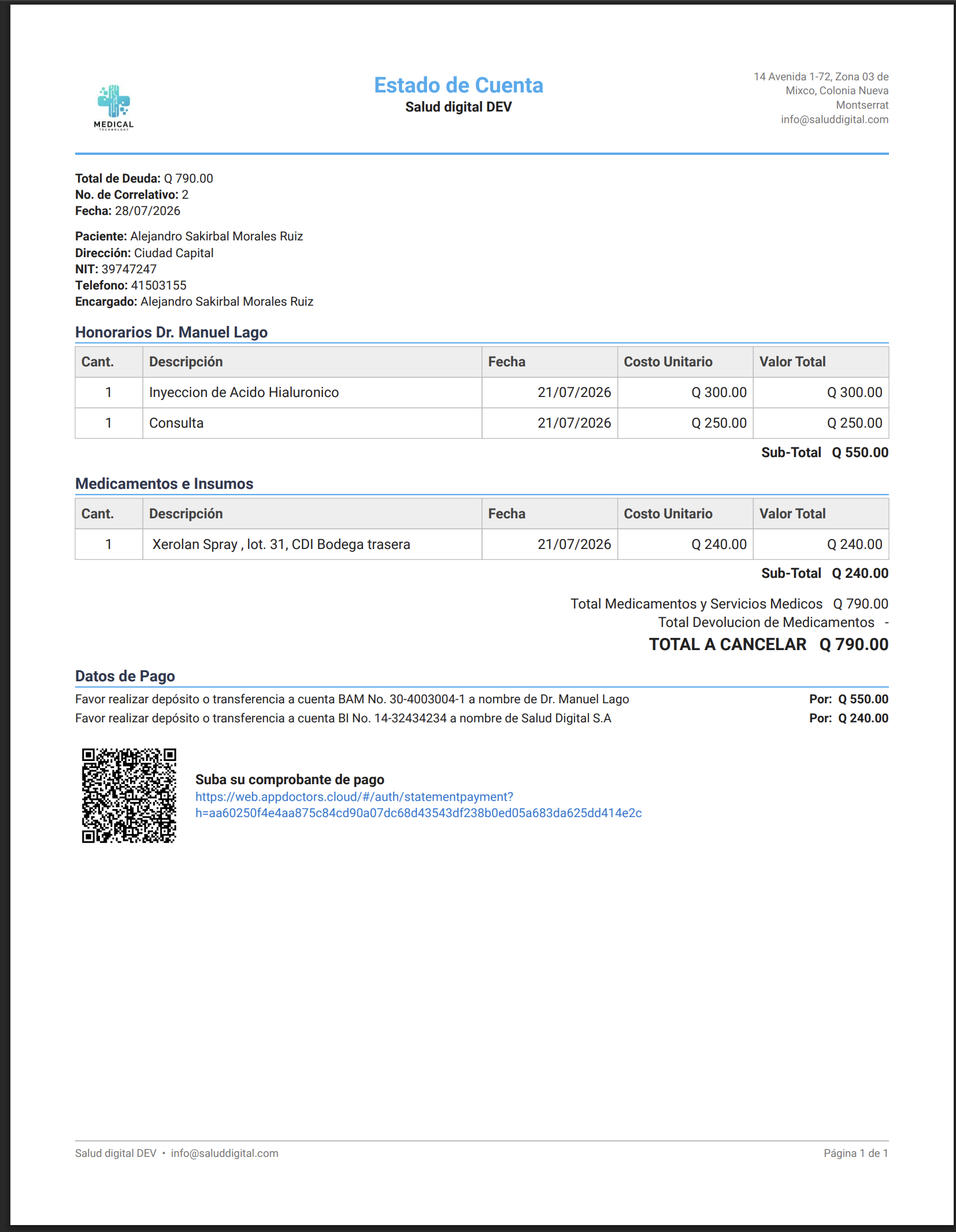 el estado de cuenta en PDF, con sus secciones, los datos de pago y el código QR.