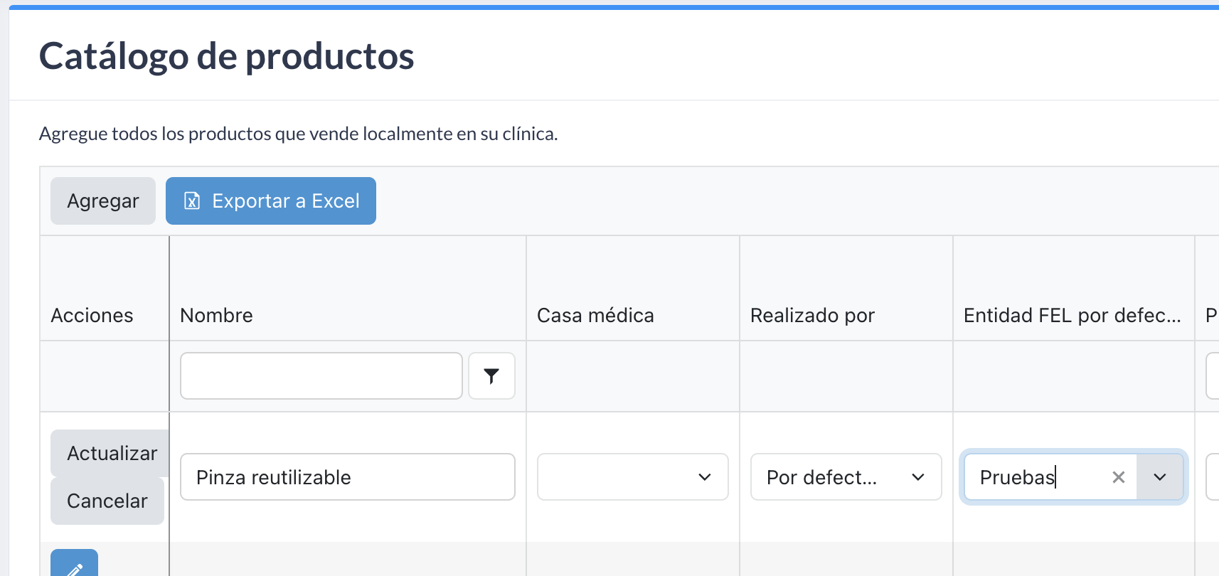 columna «Entidad FEL por defecto» en la pantalla de Productos.