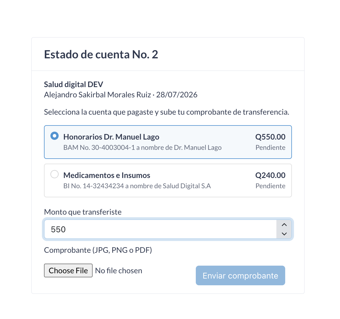 pantalla pública donde el paciente sube su comprobante.