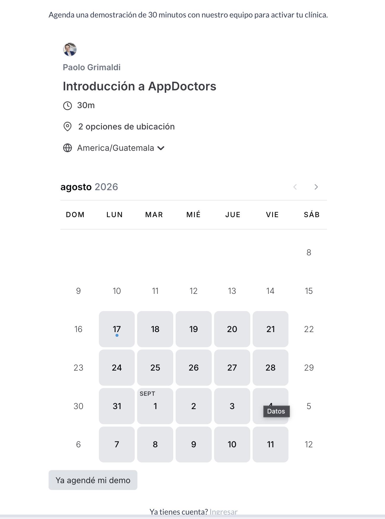 Calendario de reserva «Introducción a AppDoctors», de 30 minutos, en zona horaria America/Guatemala