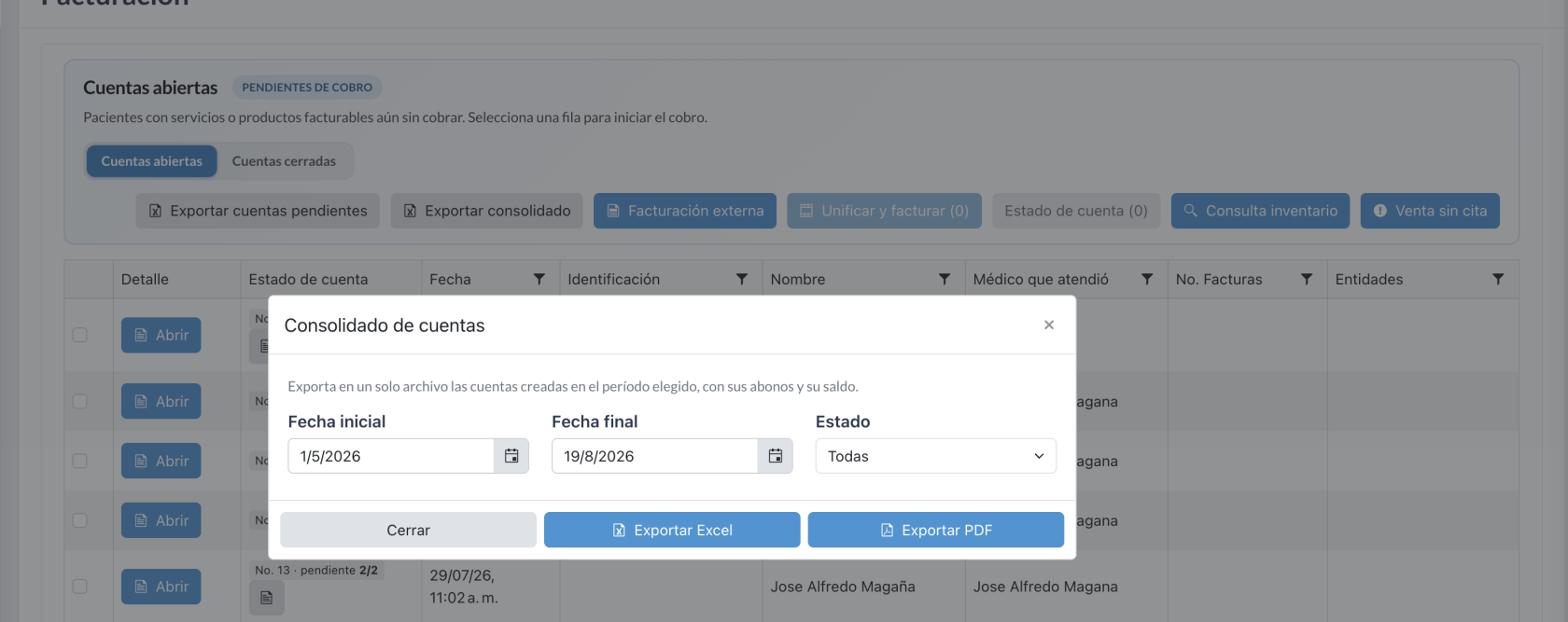 La barra de botones de «Cuentas abiertas» con «Exportar consolidado» junto a «Exportar cuentas pendientes», y la ventana «Consolidado de cuentas» abierta con «Fecha inicial», «Fecha final», el desplegable «Estado» en «Todas» y los botones «Cerrar», «Exportar Excel» y «Exportar PDF».