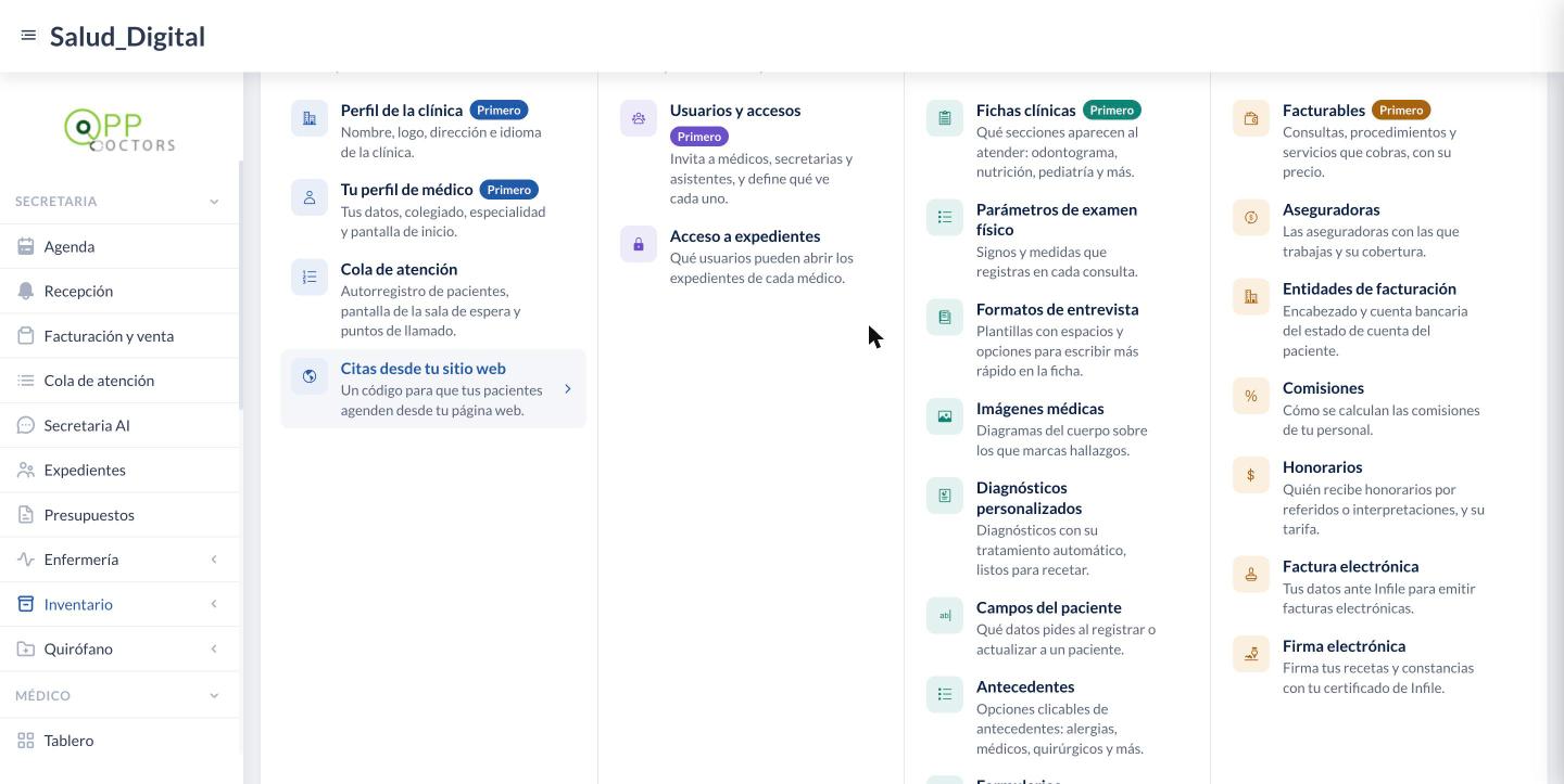 Centro de configuración con la opción «Antecedentes» en «Pacientes y fichas clínicas».