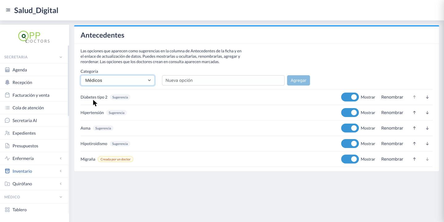 Pantalla «Antecedentes» con la categoría «Médicos»: las sugerencias y una opción «Creada por un doctor».
