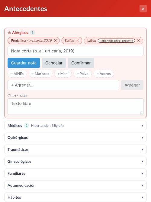 Antecedente «Látex» reportado por el paciente, con el botón «Confirmar».