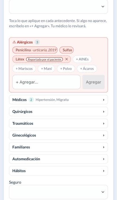 Antecedentes en el enlace del paciente: «Látex» aparece como «Reportado por el paciente».