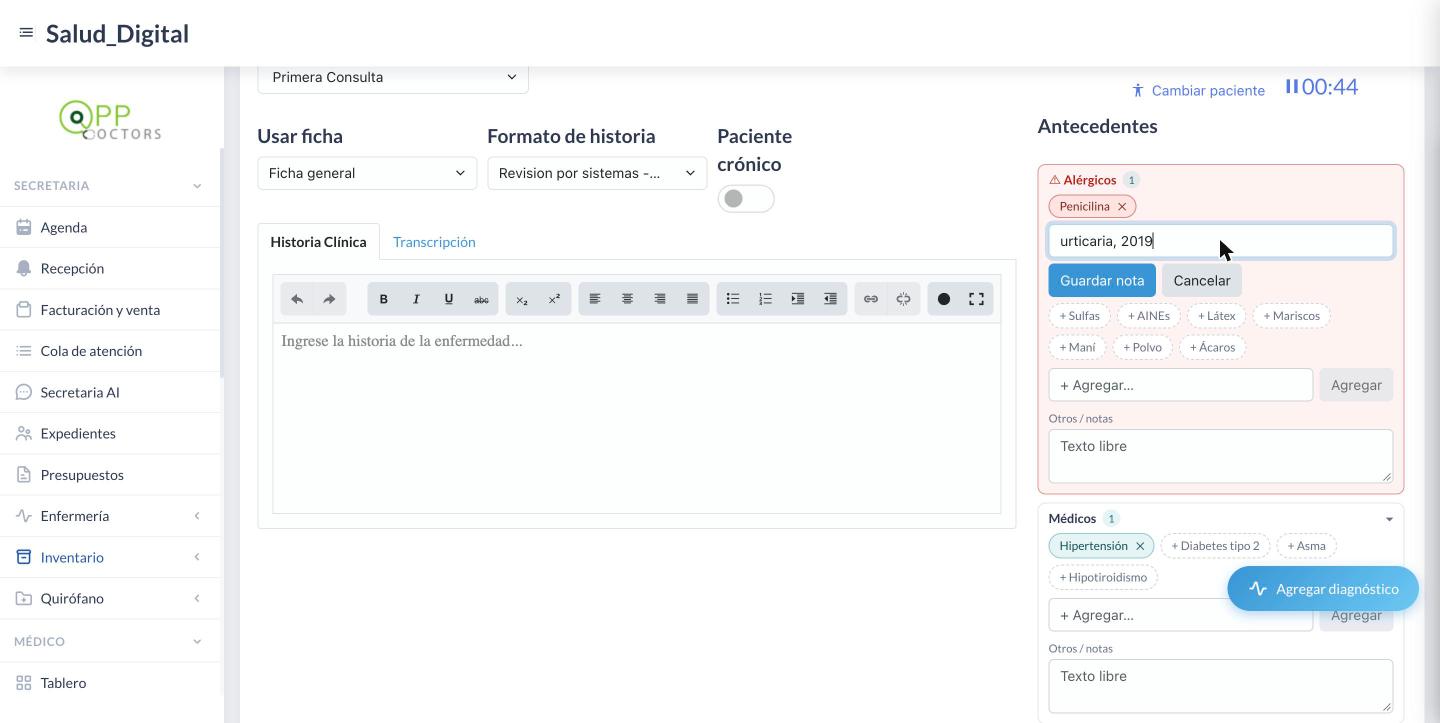 Editor de la nota de un antecedente, con los botones «Guardar nota» y «Cancelar».
