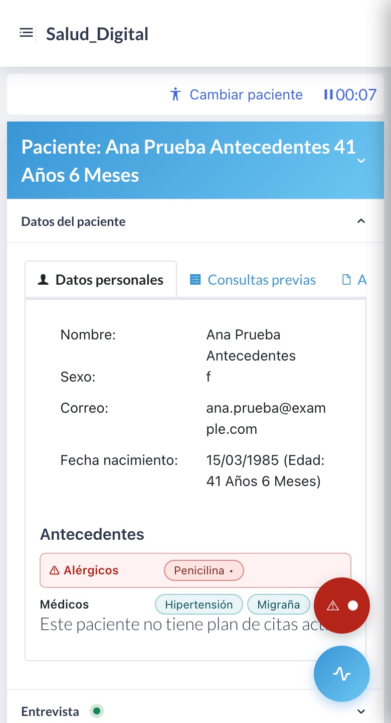 Ficha en un teléfono con el botón flotante «Antecedentes» en rojo.